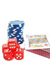 poker chips, cards and red dice cubes isolated