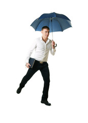 Jumping businessman with umbrella