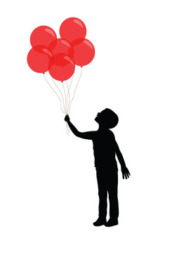Silhouette of a boy holding red balloons