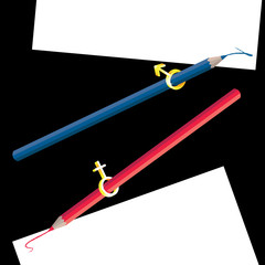 pencils with sex symbols writing on white papers