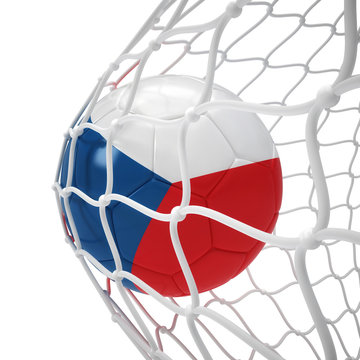 Czechian soccer ball inside the net