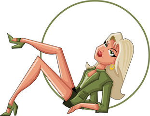 Beautiful cartoon blonde woman wearing green