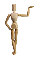 Wooden mannequin using one hand to support isolated on white