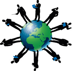 Vector Silhouette Of Business People And Globe