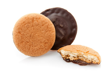 Cookies covered with chocolate and filled with jam.