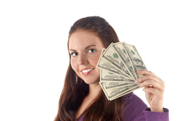 Portrait of young businesswoman with money (isolated)