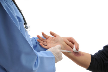 Doctor giving an injection to bruised arm of a female isolated.