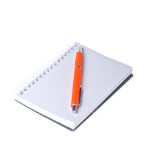 Orange pen and notebook (isolated).