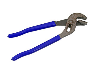 Old adjustable wrench on a plain white background.