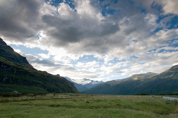 Fototapeta na wymiar A valley in New Zealand with view on a glacier