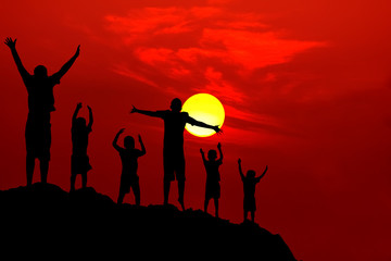 six children jumping mountain sunset - 30200942