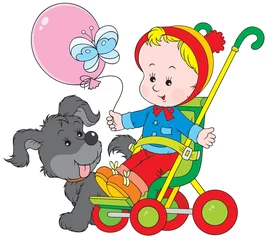 Fotobehang Peuter in een kinderwagen en grappige pup © Alexey Bannykh