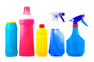 assorted cleaning products on white background