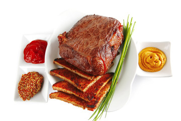 beef and bread on white