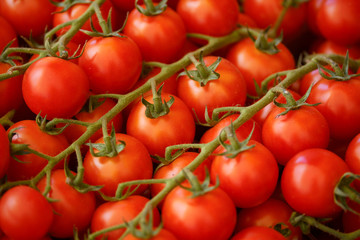 Red tomatoes closeup at a market place