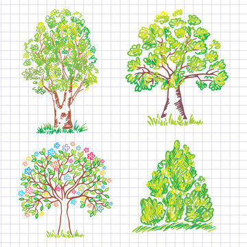 Set of beautiful green trees. Doodle.