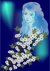 woman portrait and spring flower tree branch