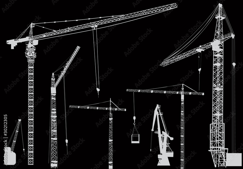 Poster grey building cranes isolated on black