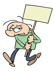 Angry demonstrating cartoon character holding a sign