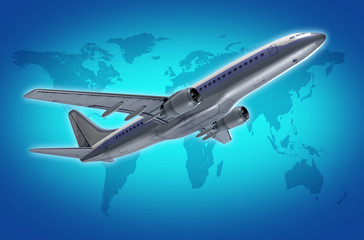 Fototapeta na wymiar Airplane taking off with global blue map in the background