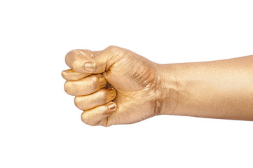 The man's golden hand show a sign fico. Isolated on white