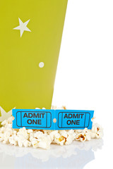 Two tickets and popcorn bucket