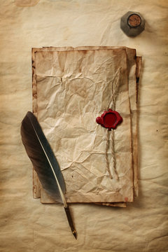 Blank paper with wax seal, quill & ink