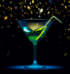 Cocktail glass with stars confetti on black. 3d