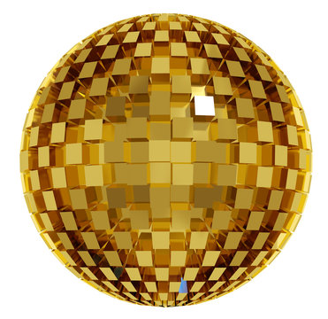 Golden sphere created of cubes isolated. Disco ball. 3d