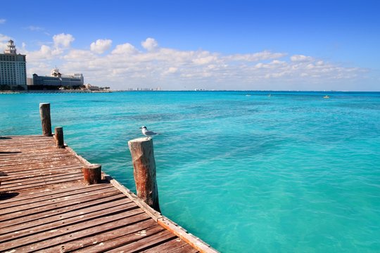 Cancun wood pier  tropical Caribbean sea