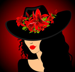 Belle fille au chapeau avec de belles fleurs tropicales. Vecteur