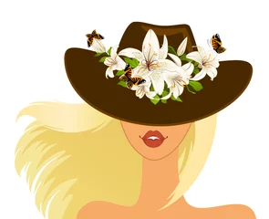 Photo sur Plexiglas Femme fleurs Belle fille au chapeau avec de belles fleurs tropicales. Vecteur