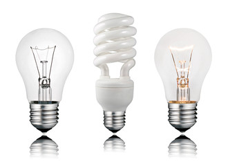 Two Normal and One Saver Lightbulbs with Reflection