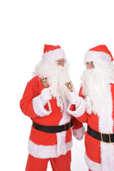 Two santa claus on white background with bells