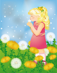 Obraz na płótnie Canvas Little cute girl blowing a dandelion. vector illustration