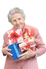 old lady and boxes with gifts