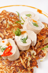 vegetable pancakes with chicken fillet