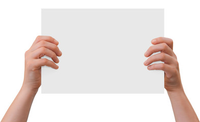 Hands upholding blank sheet of paper with copy-space