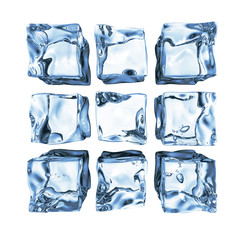 Assortment of 9 blue ice cubes isolated on white