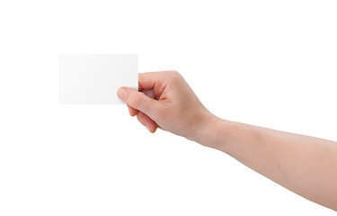 Hand holding blank business card with copy-space, isolated