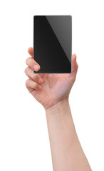 Hand holding palm-sized gadget device, blank screen with copy-space