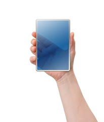 Hand of a caucasian female holding transparent blue plastic device, isolated on white