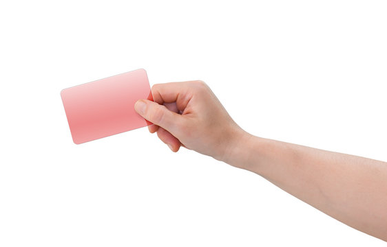 Hand holding blank business card with copy-space, isolated