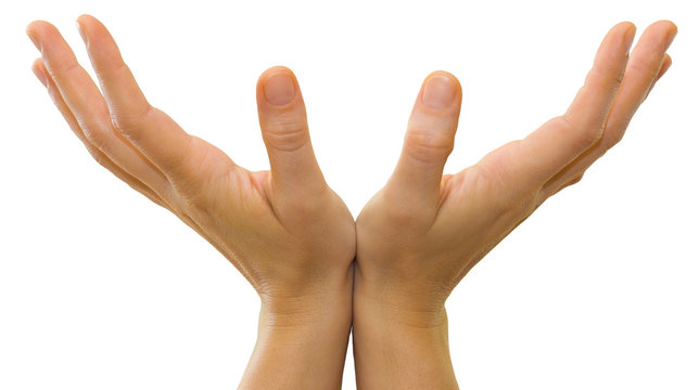 Hands of a caucasian female to hold ball-sized object, isolated on white