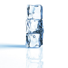 Pile of 3 blue ice cubes isolated on a reflecting white table