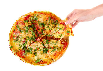 pizza and hand isolated on white