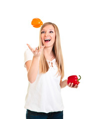 Blond caucasiam woman holding fruits isolated