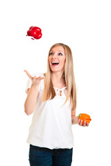 Blond caucasiam woman holding fruits isolated