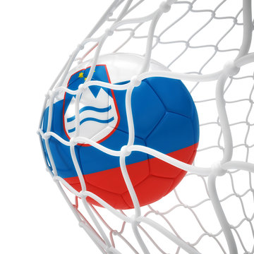 Slovenian soccer ball inside the net
