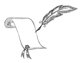 Hand drawn illustration of blank paper and a feather
